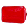A bright red transparent PVC travel makeup bag with a zipper closure.