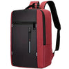 A red laptop backpack with black accents and a black shoulder strap.