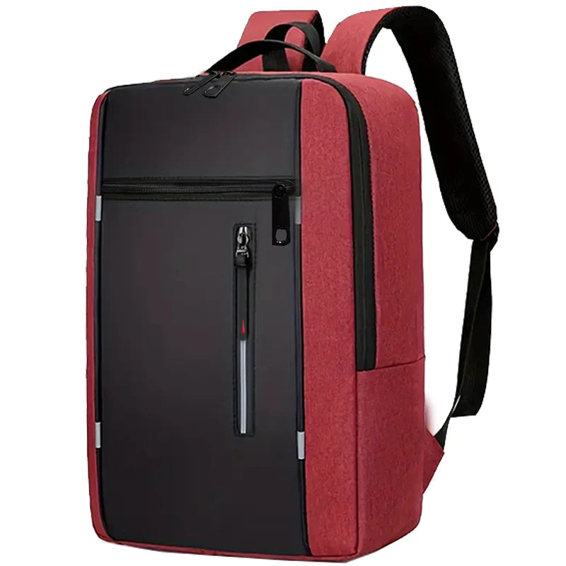 A red laptop backpack with black accents and a black shoulder strap.