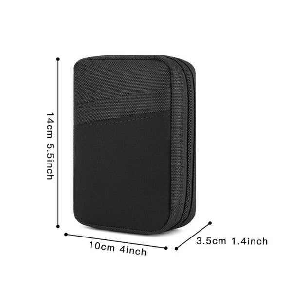 Bolsa organizadora portátil multiherramientas negra, con dimensiones de 14 cm por 5.5 pulgadas.