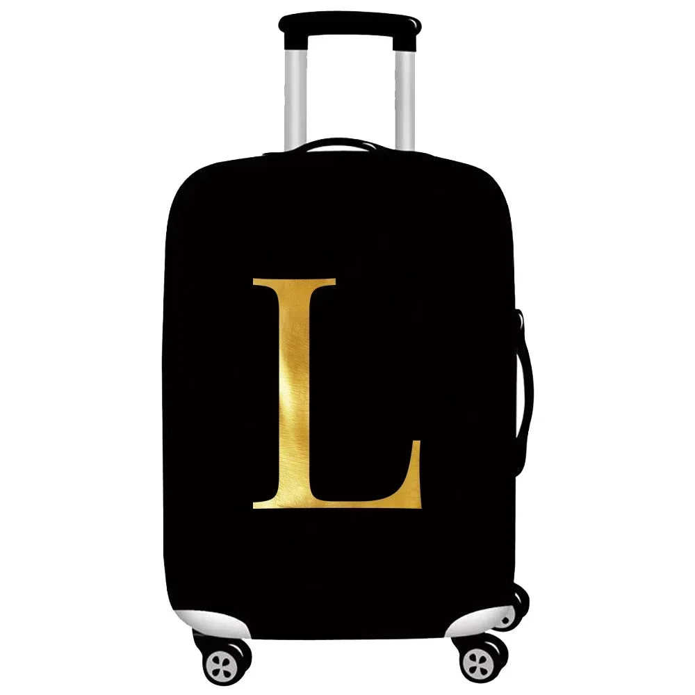 Black thick elastic luggage protective cover with gold letter L on the side