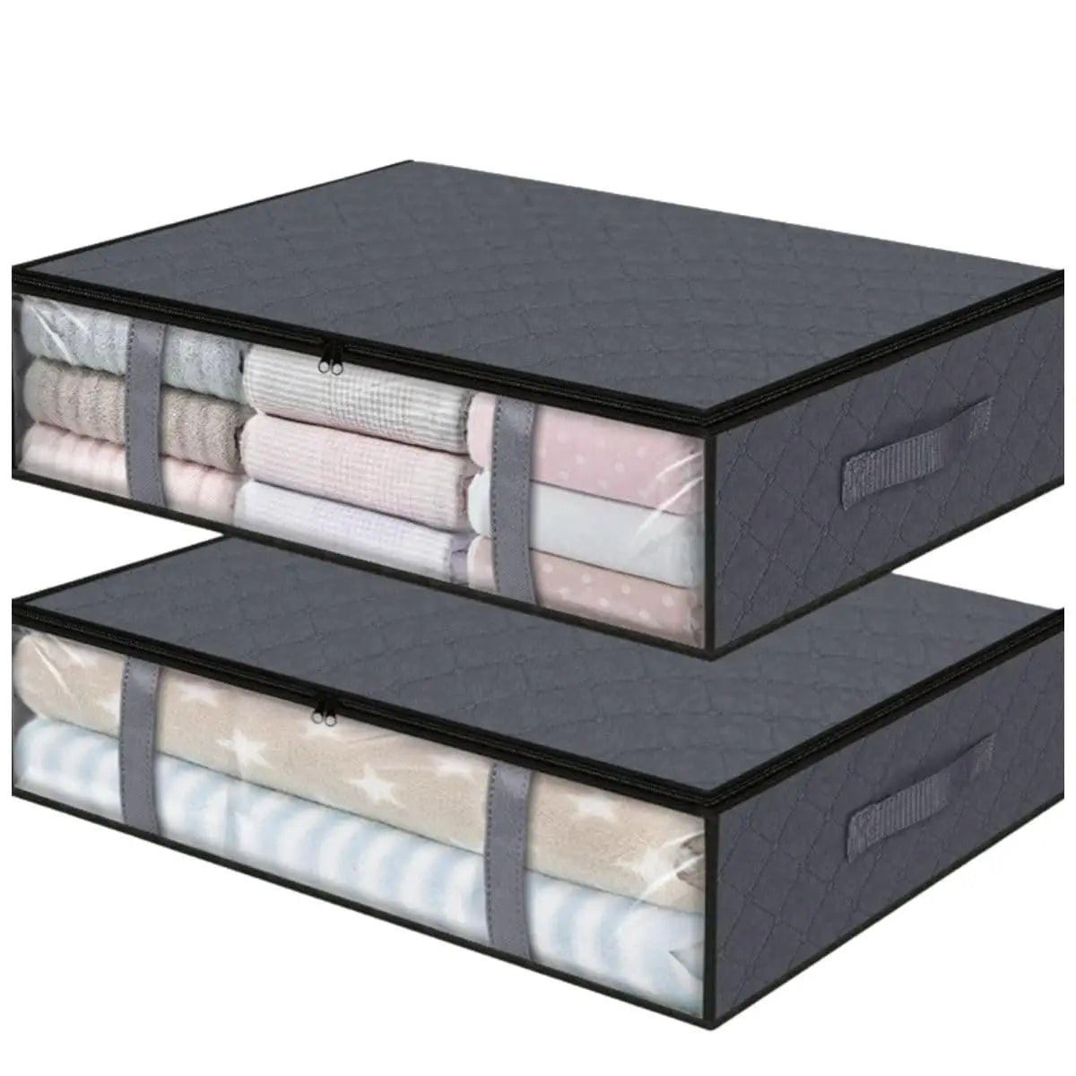 A set of three dark gray under bed storage organizer bins with light colored fabric inserts.
