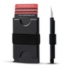 A black RFID blocking metal pop-up card wallet with a protective sleeve and a metal card visible.