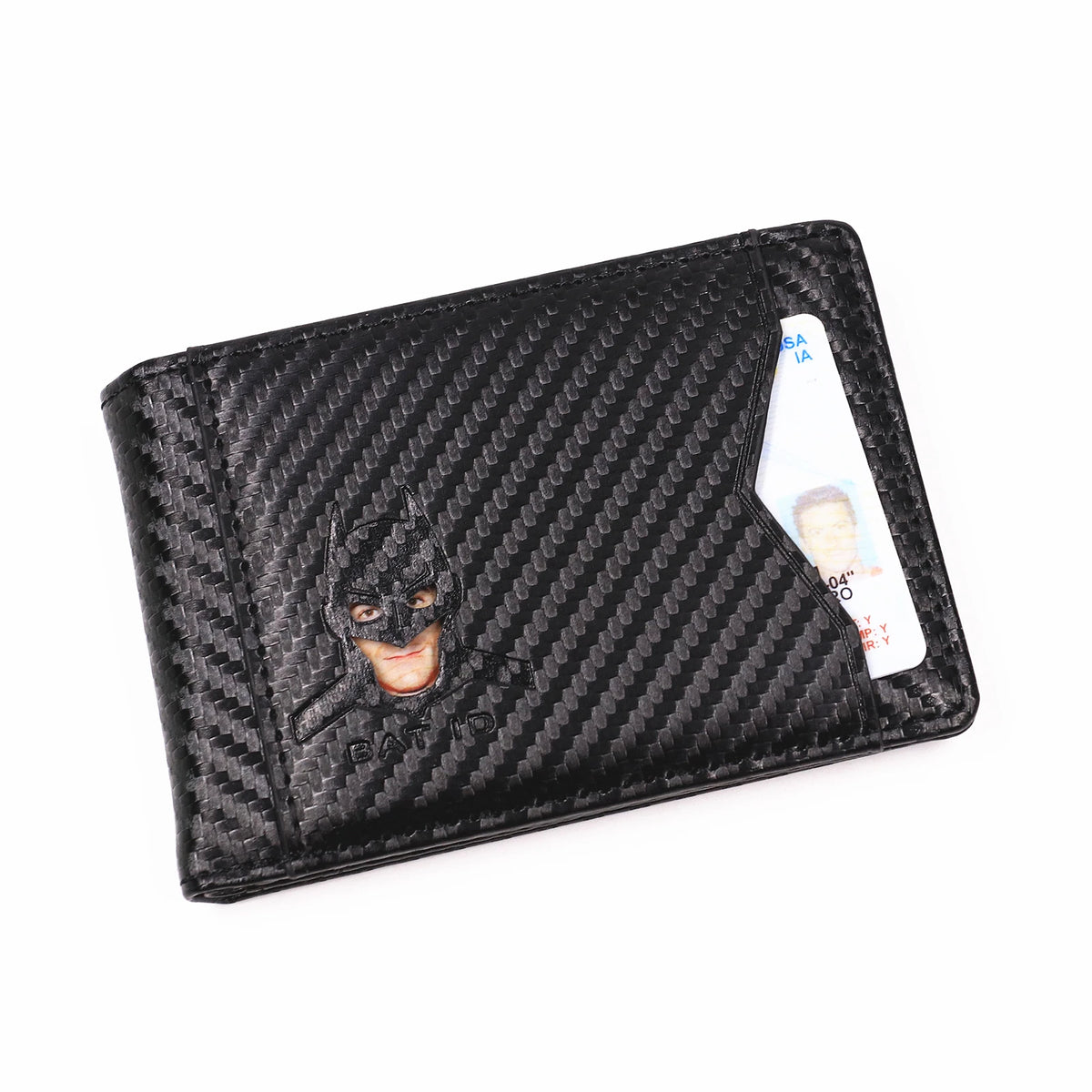 Cartera de cuero negro delgado con bate para identificación para hombres y ranura de tarjeta de plástico transparente