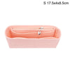 A pink felt bag insert organizer with a zipper closure shown from the top.