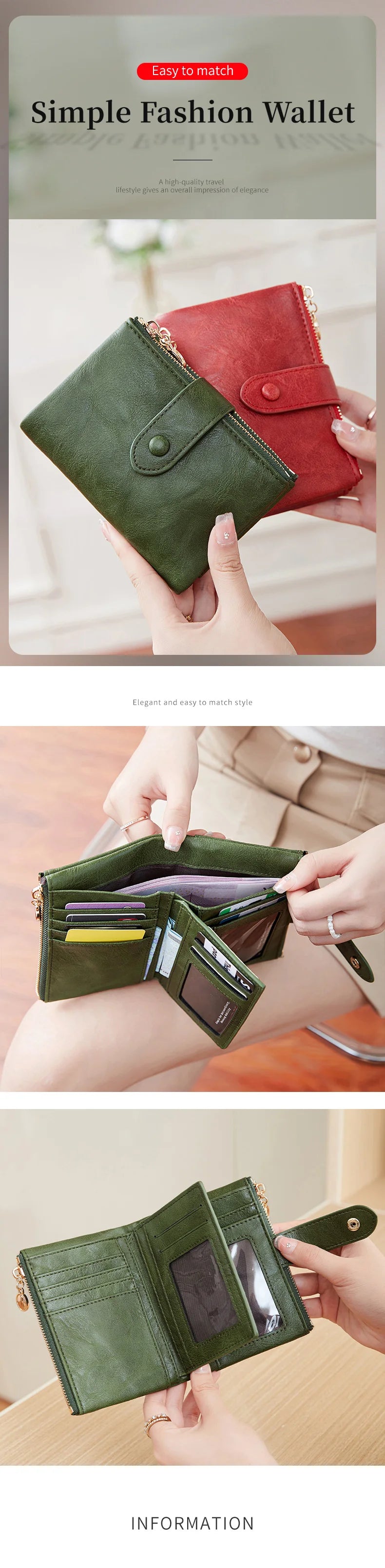 A close-up of a green leather wallet being held, showing its texture and layered design.