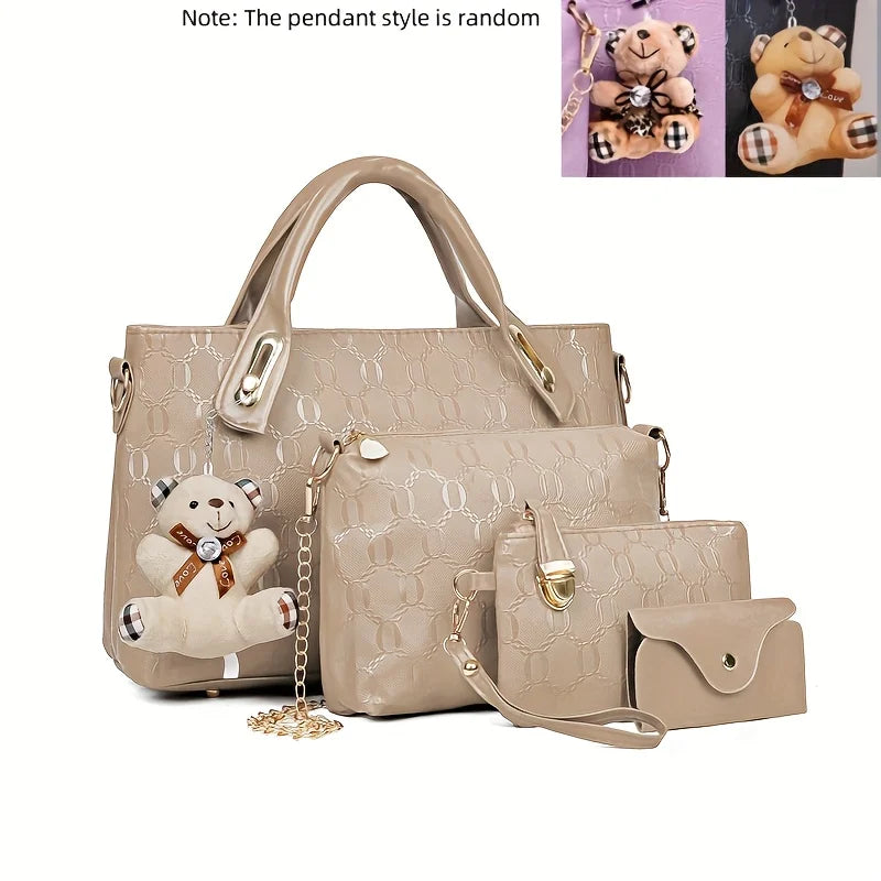 A beige fashion embossed PU handbag set featuring a large tote bag and a smaller wallet, with a teddy bear charm visible.
