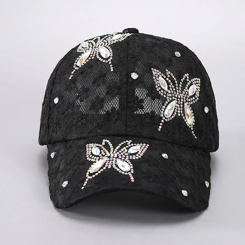 Black mesh snapback baseball cap decorated with sparkling floral embroidery