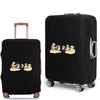 Black elastic luggage cover with a cartoon print of various animals on the front.
