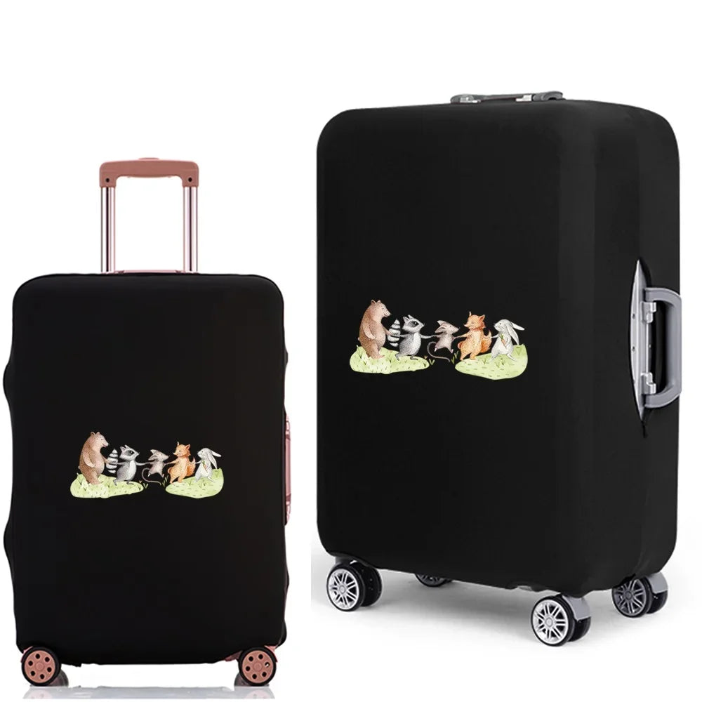 Black elastic luggage cover with a cartoon print of various animals on the front.