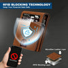 A brown leather wallet demonstrates RFID blocking technology by shielding a credit card from an RFID scanner.