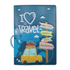 A blue passport cover featuring a 'I love to travel' theme with city destinations like New York, London, Paris, and Amsterdam