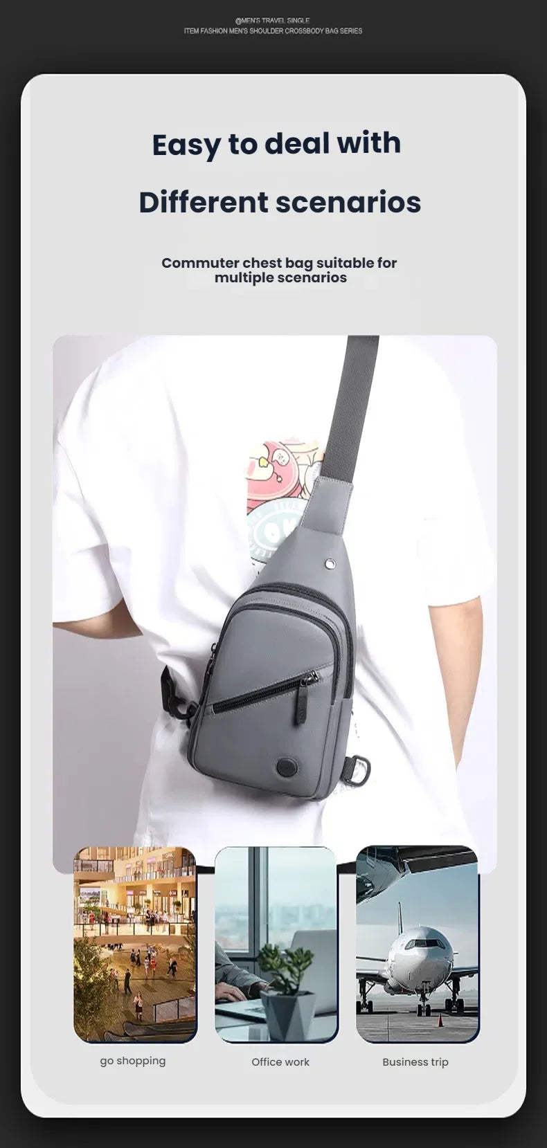 A gray men's adjustable crossbody sling bag being worn by a person in a white shirt, shown in various scenarios.
