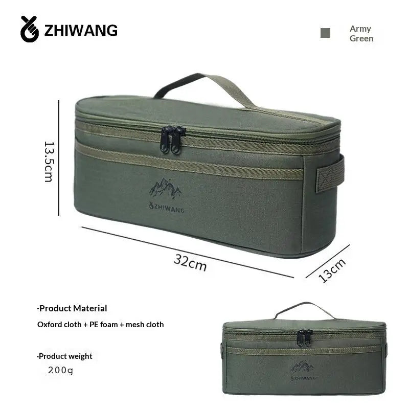Olive green portable organizer bag made of oxford cloth and PE foam for camping or picnic items