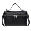 Black pebbled leather box crossbody bag with silver hardware and a long strap