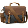 A brown leather briefcase with a dark gray fabric lining and brass hardware.