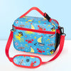 Bolsa térmica azul de dibujos animados con correa roja y criaturas marinas y barcos.