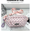 A pink plaid crossbody chest bag with a pink adjustable strap is displayed on a white surface.