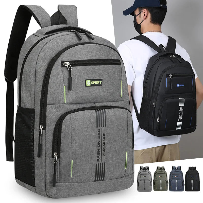 Gray and black lightweight commuter backpack shown on a person's back.