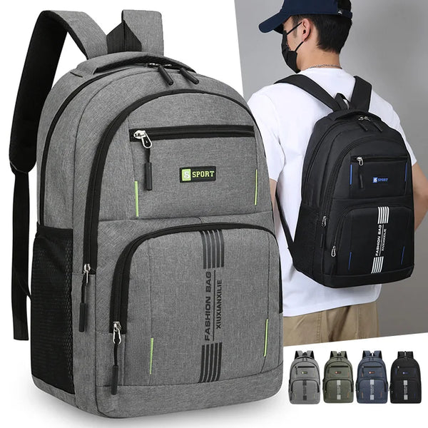 Gray and black lightweight commuter backpack shown on a person's back.