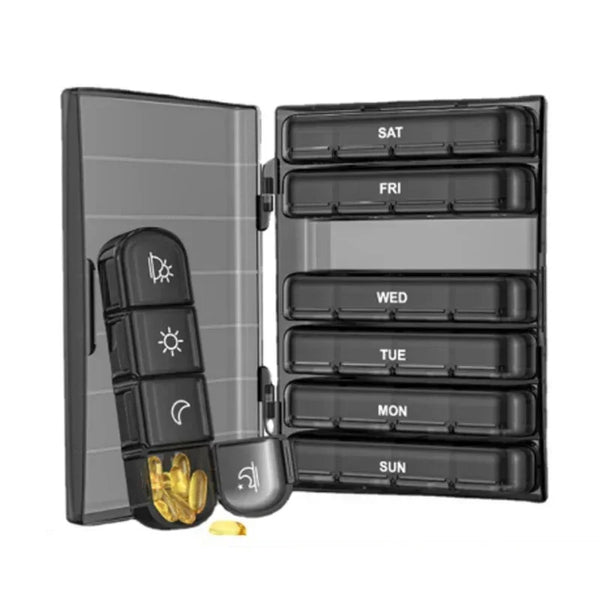 A black weekly pill organizer with seven compartments labeled for daily use, shown in a flat lay view.