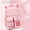 A pink lightweight children's school backpack shown in a front view with plaid accents.