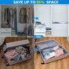 Before and after comparison showing space-saving vacuum storage pumps for clothing and items.