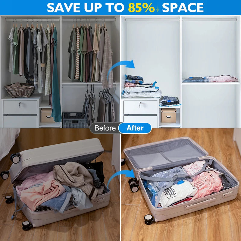 Before and after comparison showing space-saving vacuum storage pumps for clothing and items.