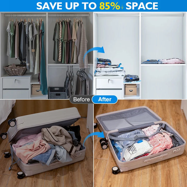 Before and after comparison showing space-saving vacuum storage pumps for clothing and items.