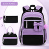 Lila und schwarz karierte Cordhosen-Rucksack-Set mit Haupttasche und separates Beutelchen mit Dekobändern.
