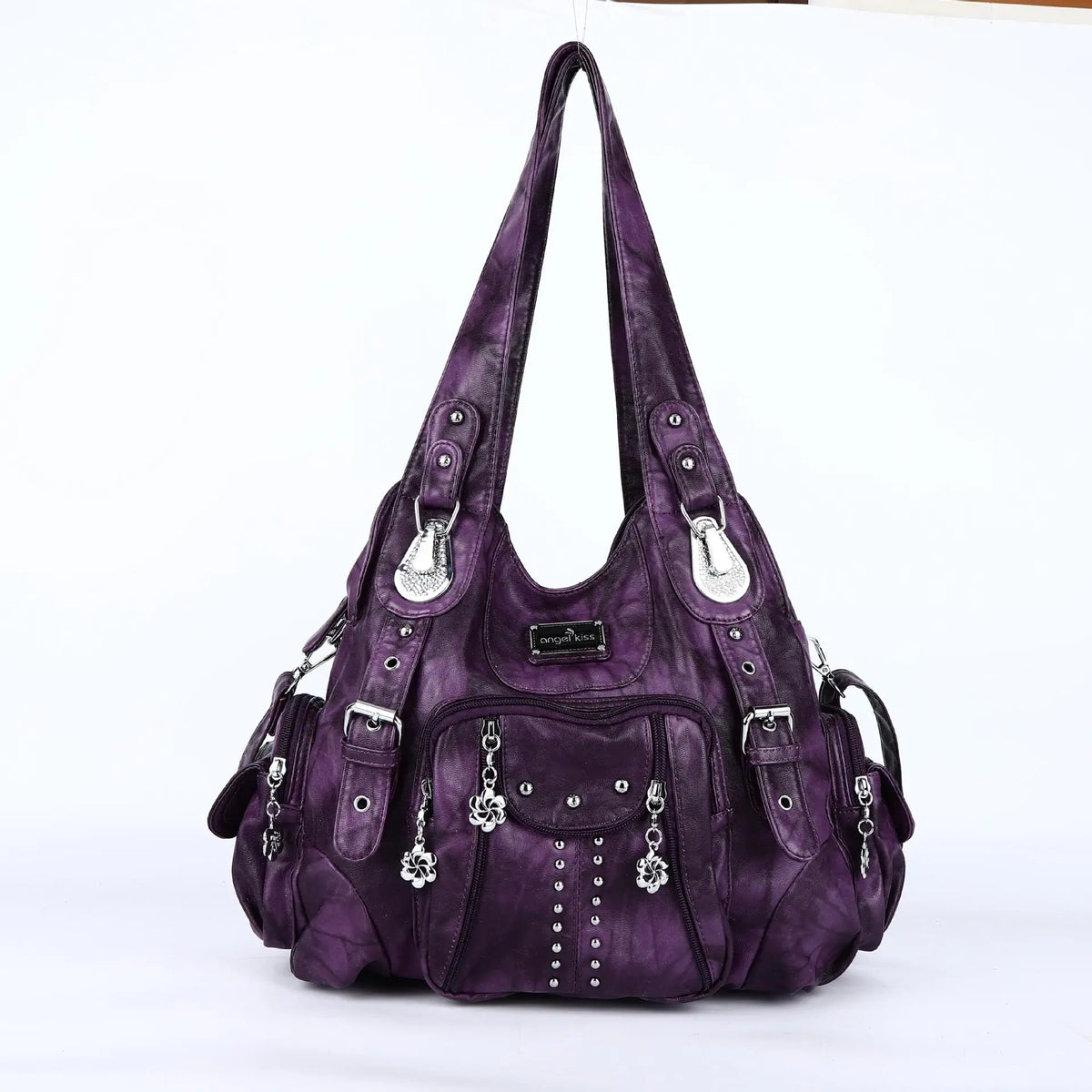 A purple vintage PU leather hobo shoulder bag with silver hardware.