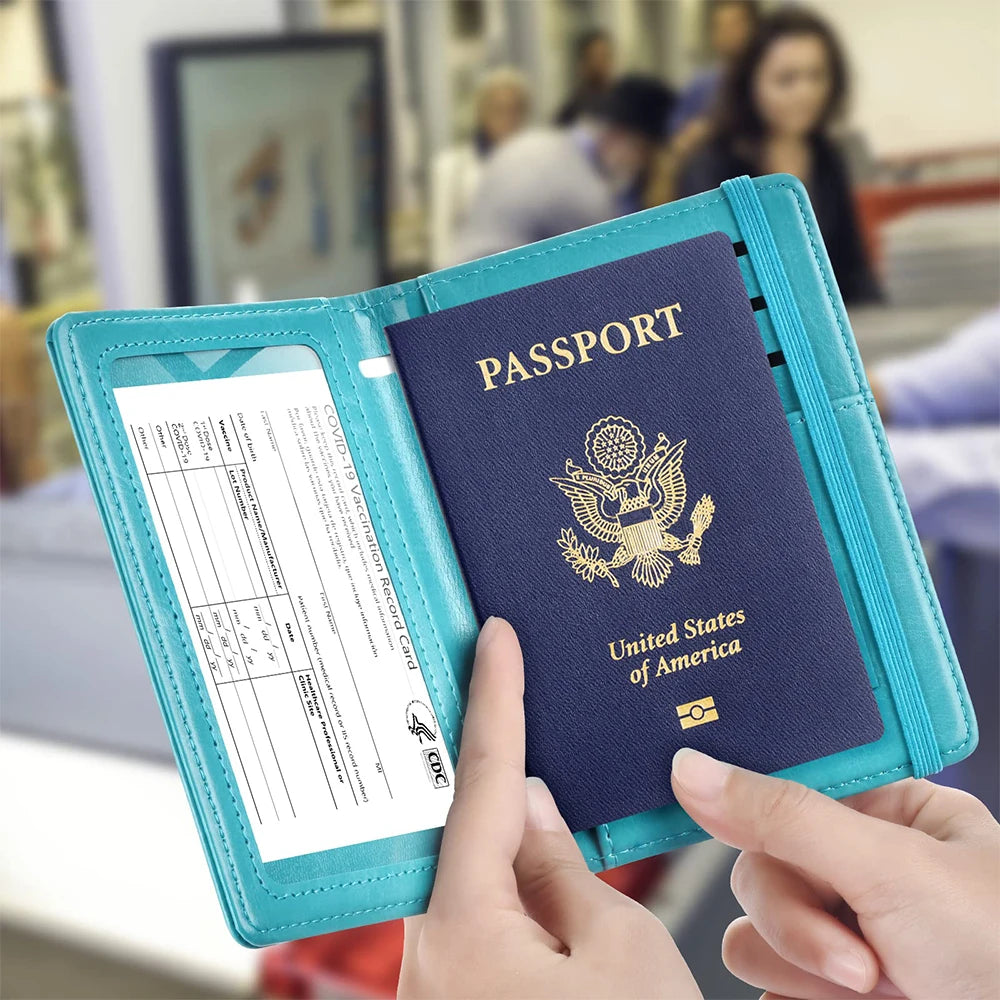 A teal passport holder displaying a dark blue passport with the United States of America emblem.