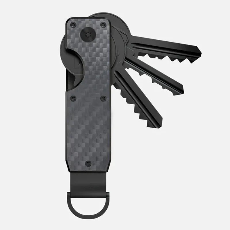 Porte-clés organisateur en métal noir minimaliste avec design à lame fendue.