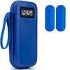 Estuche portátil azul para insulina con monitor de temperatura digital que muestra 41.5°F y dos paquetes de gel azules.