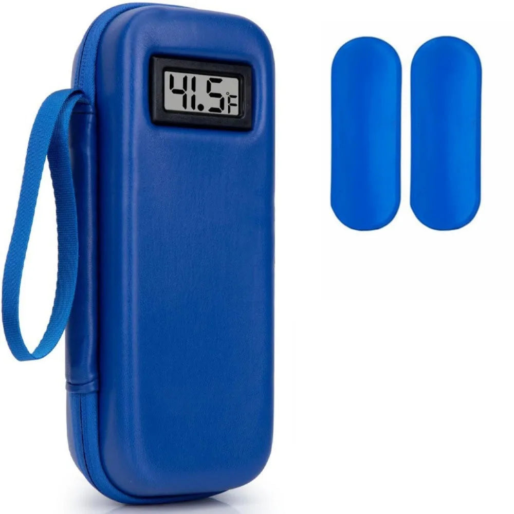 Estuche portátil azul para insulina con monitor de temperatura digital que muestra 41.5°F y dos paquetes de gel azules.