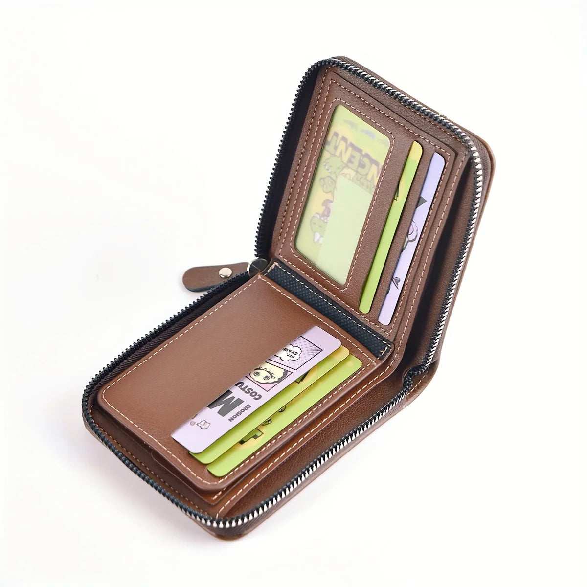 A brown slim PU leather wallet with a zipper closure showing various cards inside.