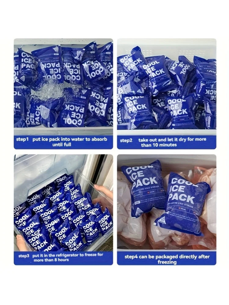 Step-by-step instructions showing how to use and package reusable leakproof ice packs for food storage.