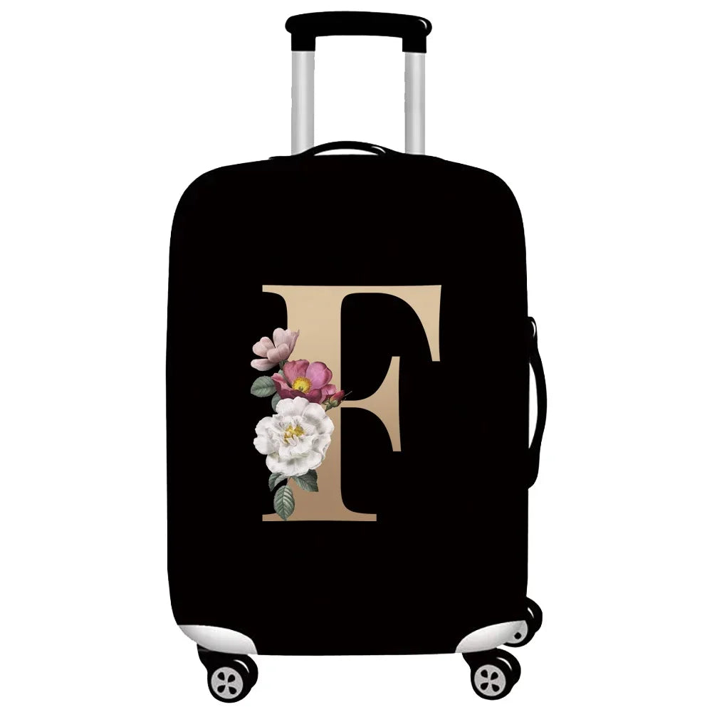 Black premium stretch luggage protective cover with a large gold letter F design