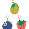 A red cherry fruit shaped coin purse keychain with a gold-tone clasp and green leaf detail.