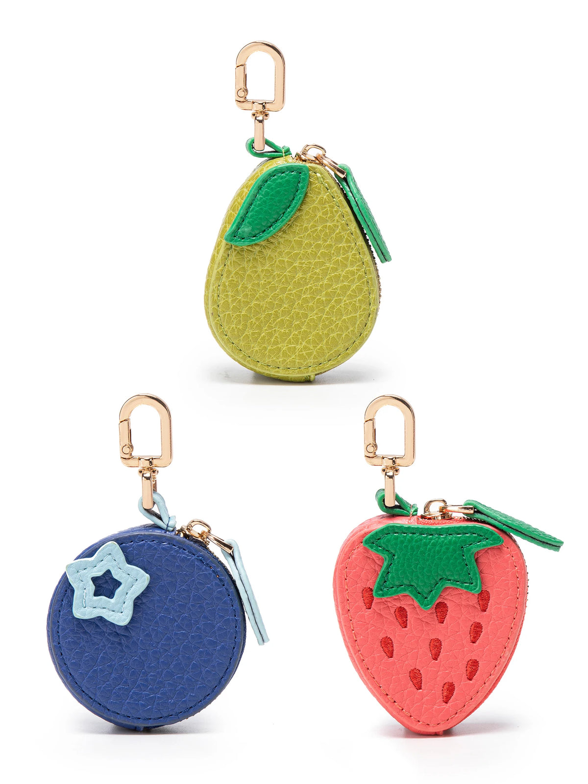 A red cherry fruit shaped coin purse keychain with a gold-tone clasp and green leaf detail.