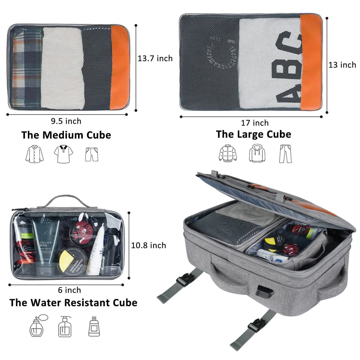 A set of expandable travel backpack featuring three packing cubes: Medium, Large, and a Water Resistant Cube.