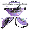 A purple holographic sequin waist bag shown in three different configurations with multiple pockets.