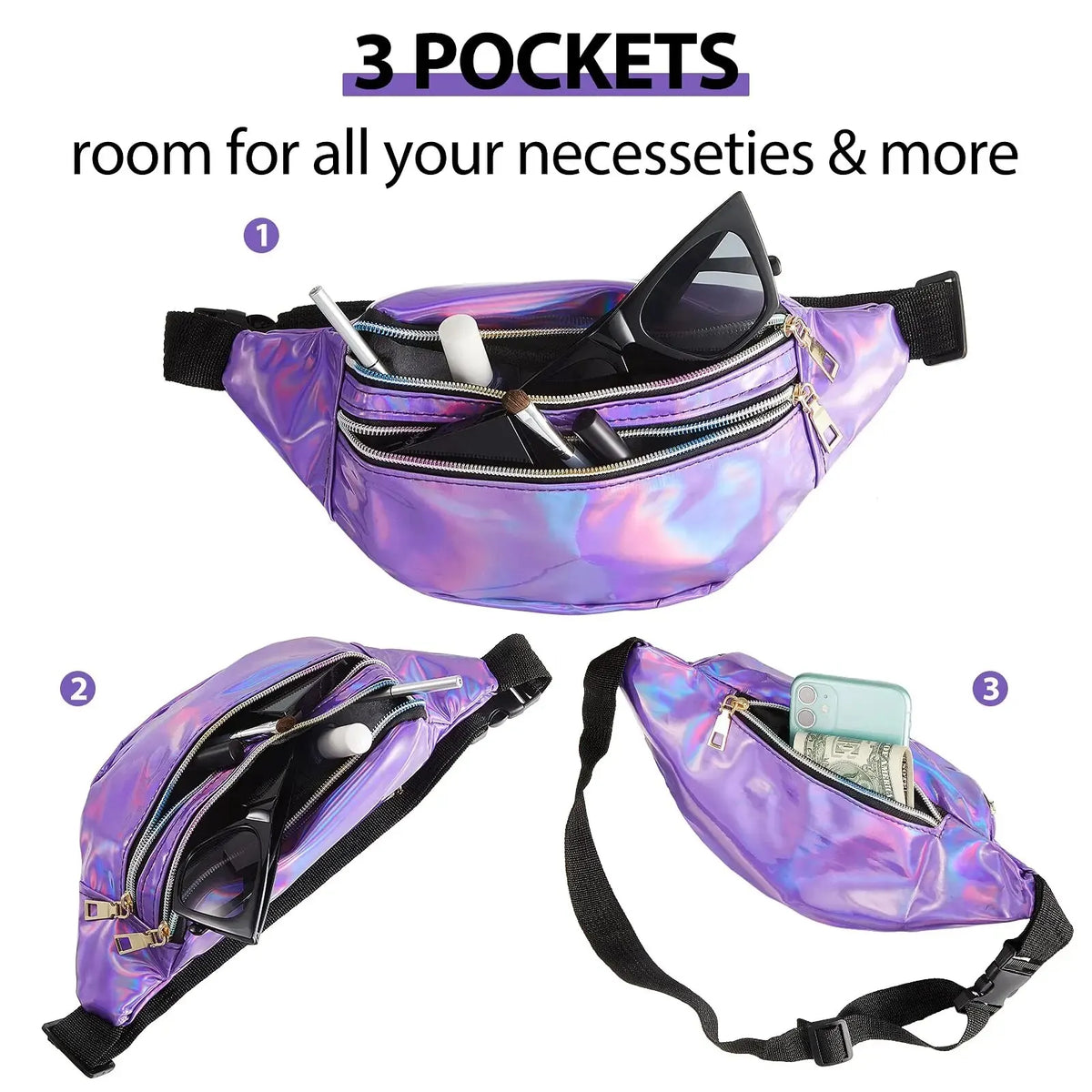 A purple holographic sequin waist bag shown in three different configurations with multiple pockets.