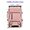 A pink durable waterproof travel backpack with hidden shoulder straps.