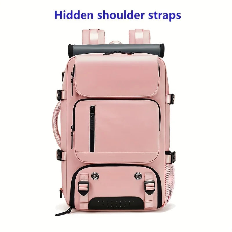 A pink durable waterproof travel backpack with hidden shoulder straps.