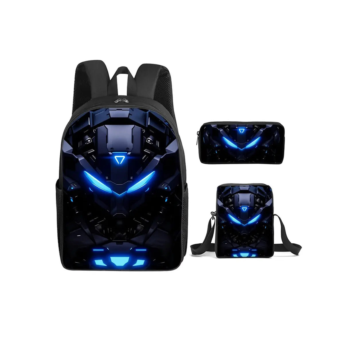 A black mechanical robot school backpack set featuring a backpack and two small electronic gadgets.