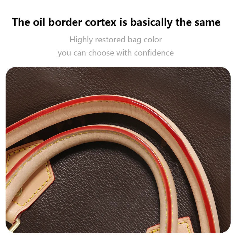Close-up of a restored genuine Vachetta leather bag strap showing natural tan and red accents on a dark brown background.