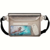 A silver waterproof mobile phone pouch with a clear protective cover and a black strap.