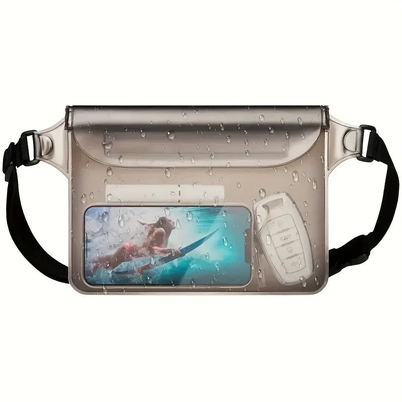 A silver waterproof mobile phone pouch with a clear protective cover and a black strap.