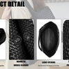 Detail shots of a black handwoven bag featuring magnetic buckle closure and soft material texture.